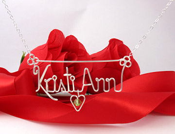 personalized name necklace, wire jewelry - birthstone in the heart