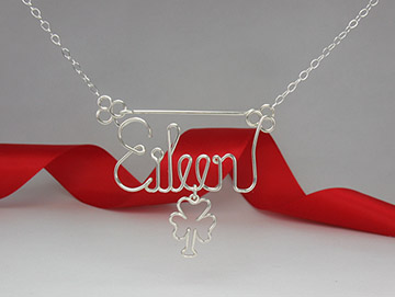 personalized name necklace, wire jewelry - Shamrock charm