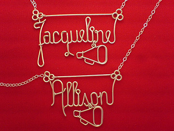 personalized name necklace in wire - cheerleader megaphone charm